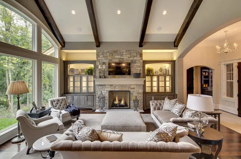 Living Room With Fireplace And Big Windows